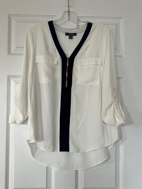 Primark White Blouse with Black Trim and Gold Zip